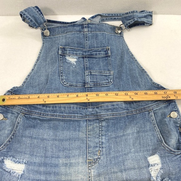 Maurices Blue Denim Shortalls Womens Large Bib Overall Shorts Distress Destroyed - Picture 6 of 8